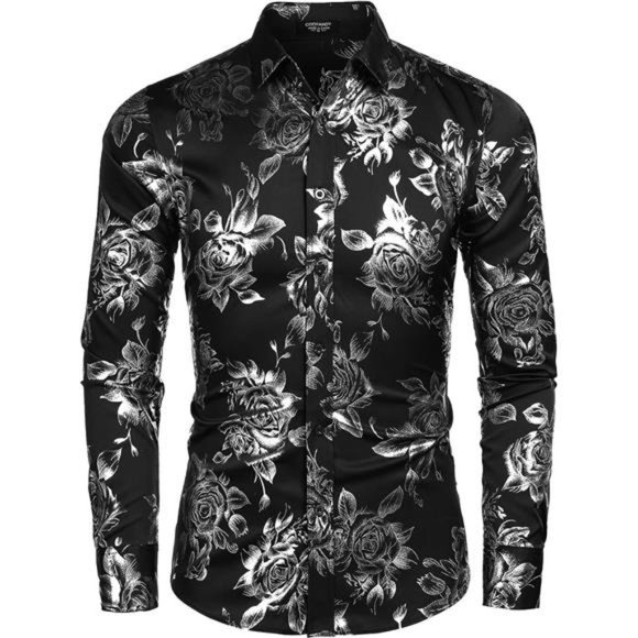 Men's Rose Shiny Shirt Luxury Flowered Printed Button Down Shirt - Picture 2 of 6